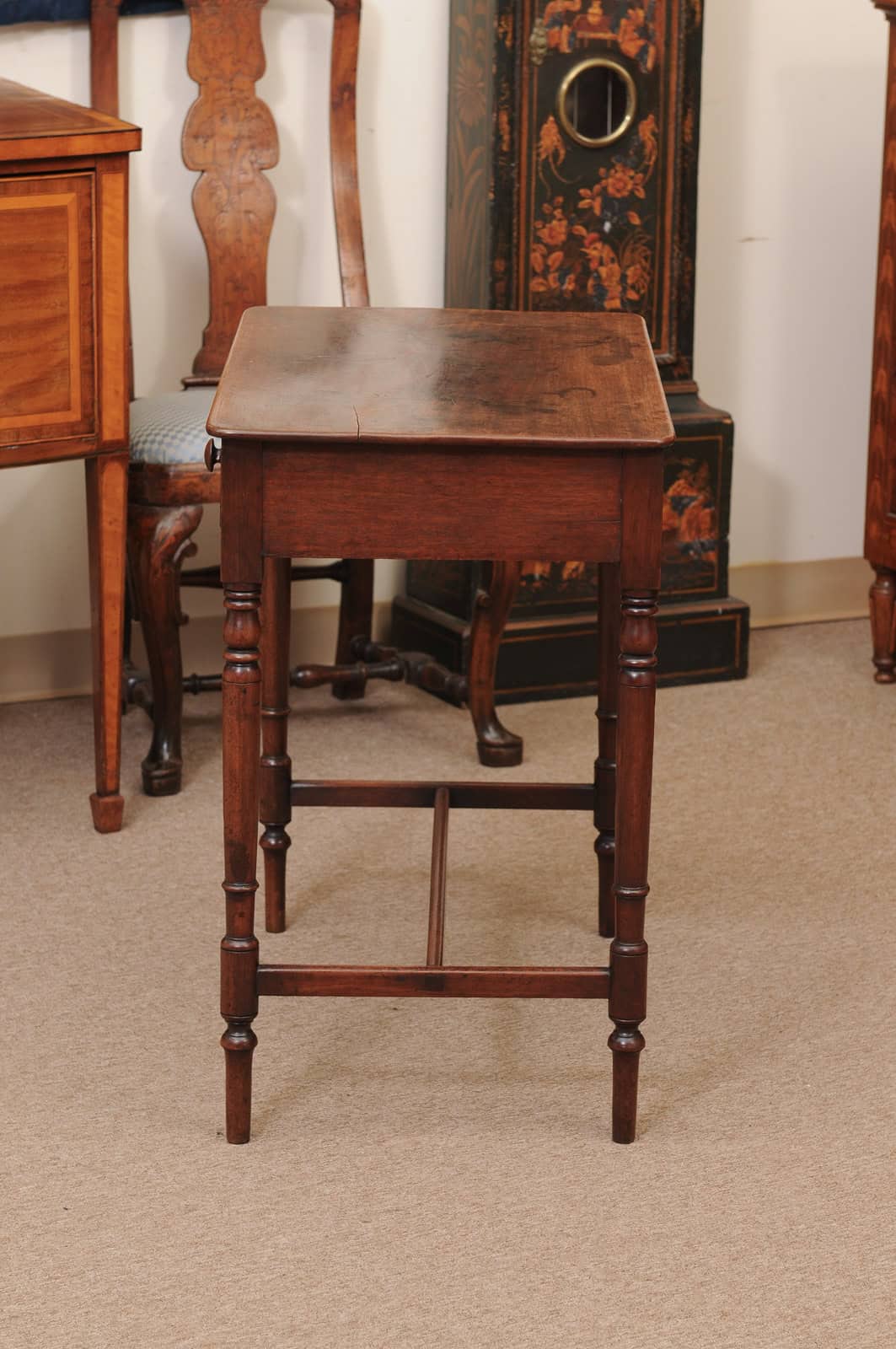 English 19th Century Mahogany Side Table Featuring 1 Drawer with wooden Pulls, Turned Legs and H-Form Stretcher - Image 11