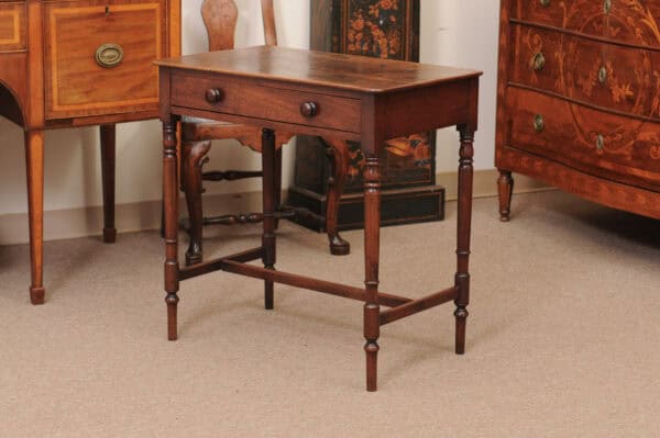 English 19th Century Mahogany Side Table Featuring 1 Drawer with wooden Pulls, Turned Legs and H-Form Stretcher - Image 12