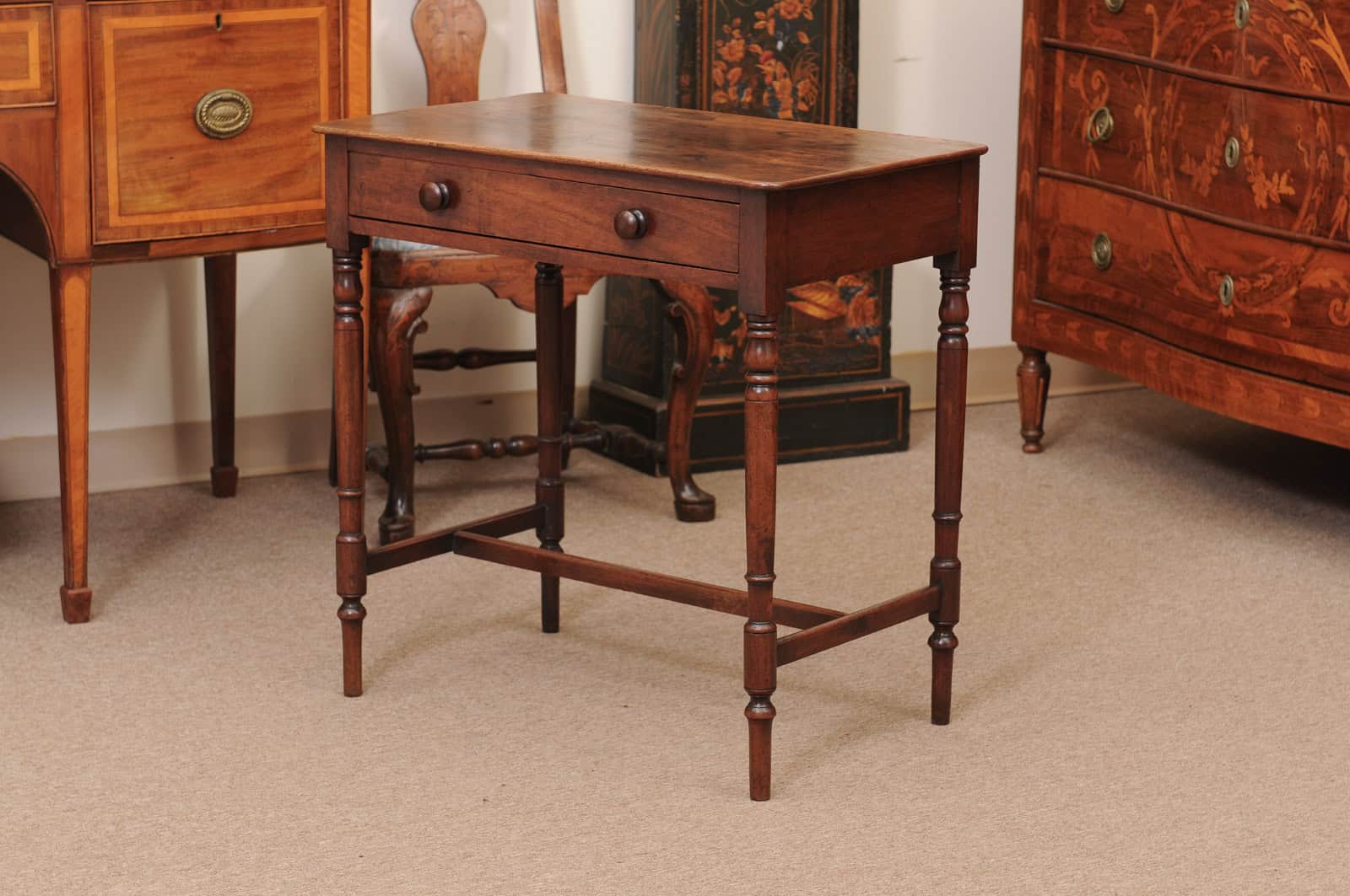English 19th Century Mahogany Side Table Featuring 1 Drawer with wooden Pulls, Turned Legs and H-Form Stretcher - Image 12