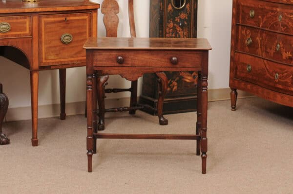 English 19th Century Mahogany Side Table Featuring 1 Drawer with wooden Pulls, Turned Legs and H-Form Stretcher - Image 13