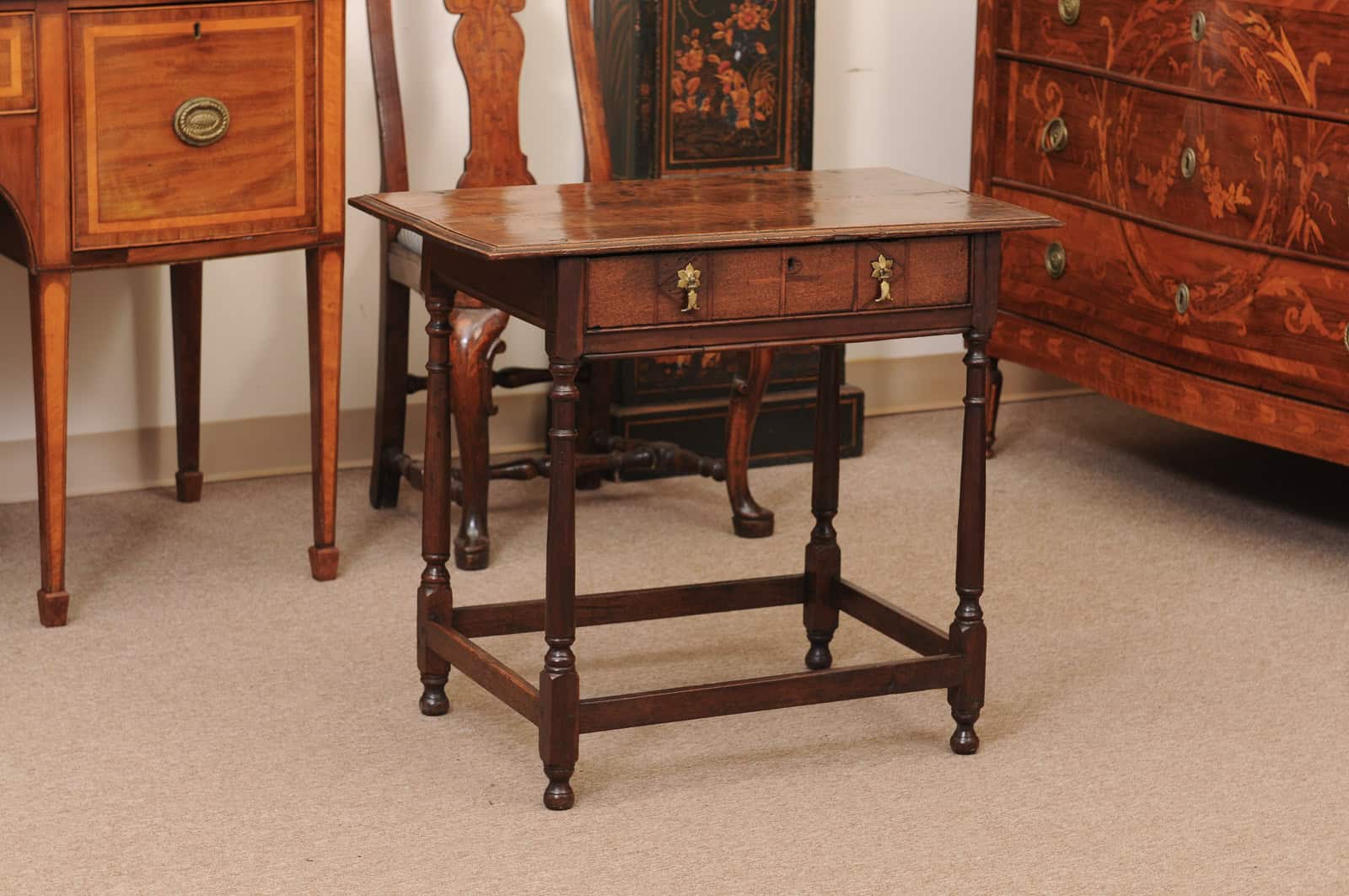 English Oak 18th Century Side Table Featuring 1 Drawer with inlay, Turned Legs and Box Stretcher - Image 3