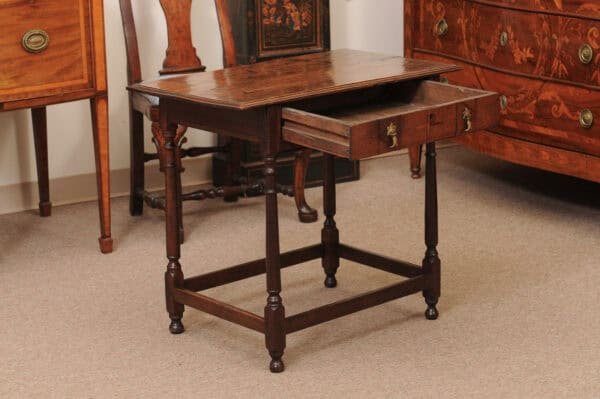 English Oak 18th Century Side Table Featuring 1 Drawer with inlay, Turned Legs and Box Stretcher - Image 4