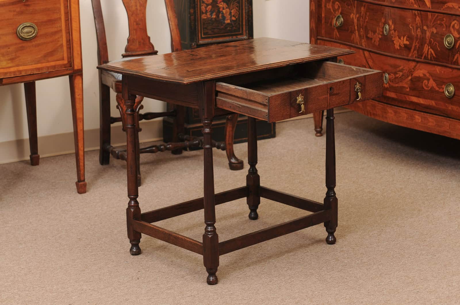 English Oak 18th Century Side Table Featuring 1 Drawer with inlay, Turned Legs and Box Stretcher - Image 4