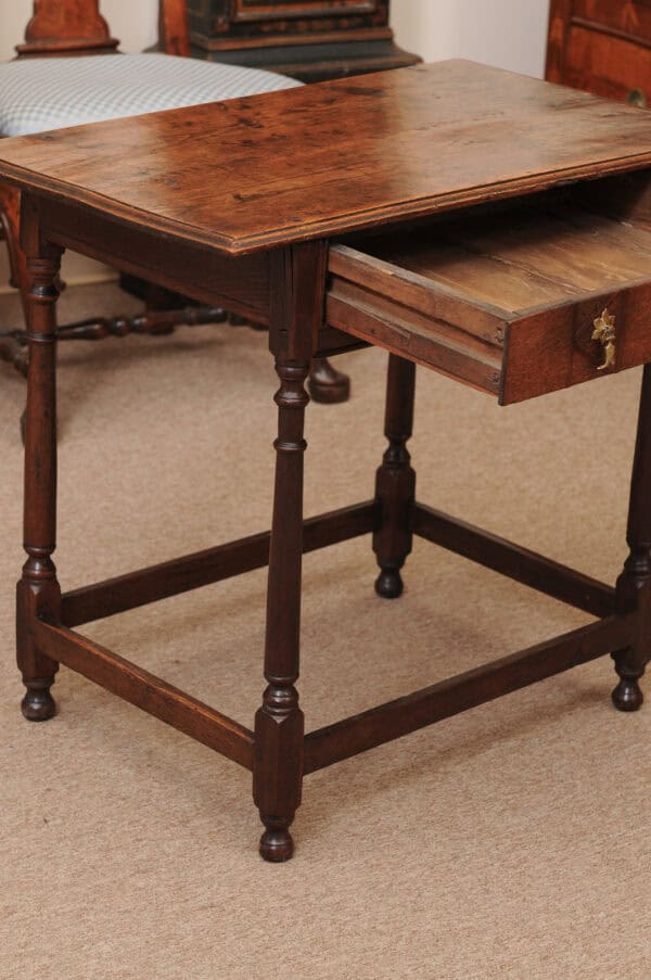 English Oak 18th Century Side Table Featuring 1 Drawer with inlay, Turned Legs and Box Stretcher - Image 5