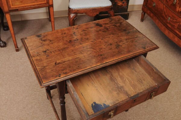 English Oak 18th Century Side Table Featuring 1 Drawer with inlay, Turned Legs and Box Stretcher - Image 6