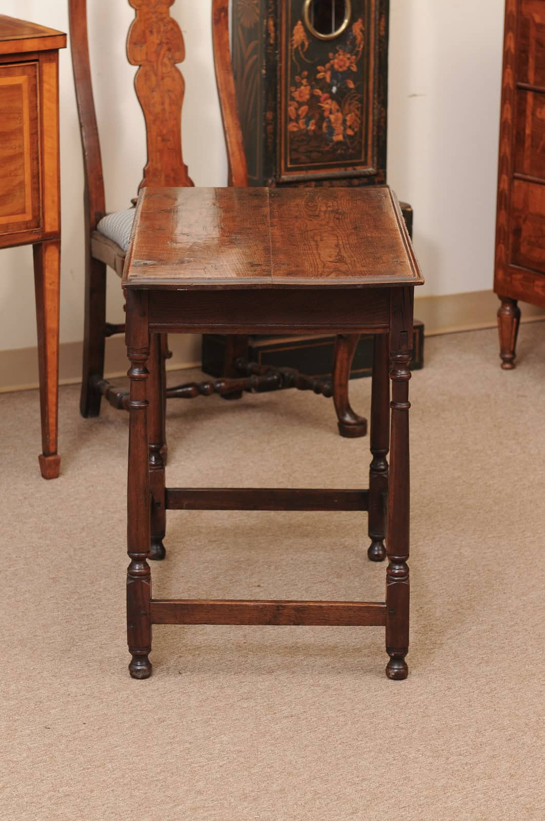 English Oak 18th Century Side Table Featuring 1 Drawer with inlay, Turned Legs and Box Stretcher - Image 7