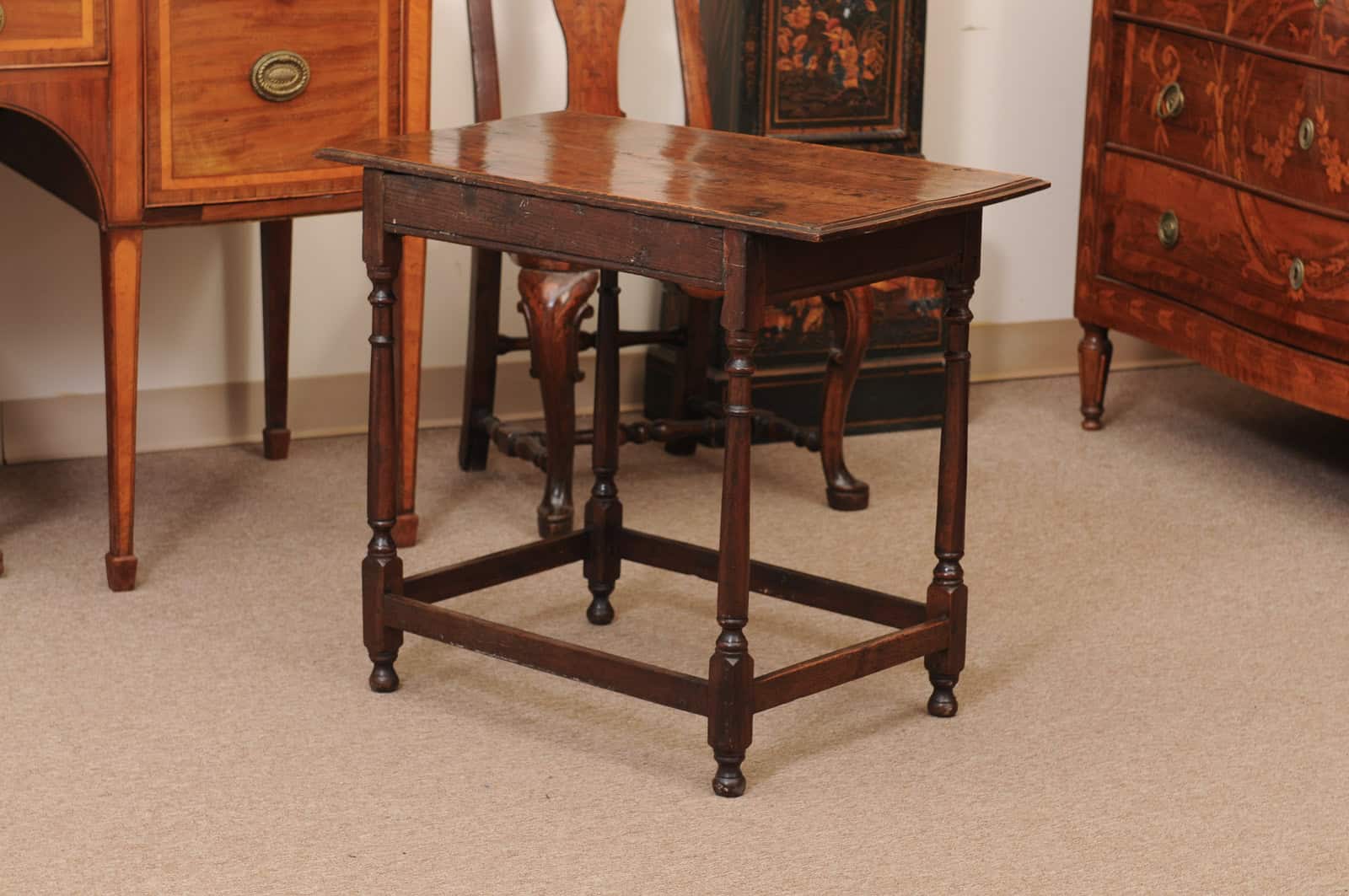 English Oak 18th Century Side Table Featuring 1 Drawer with inlay, Turned Legs and Box Stretcher - Image 8