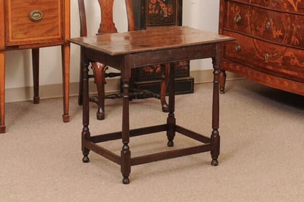 English Oak 18th Century Side Table Featuring 1 Drawer with inlay, Turned Legs and Box Stretcher - Image 10