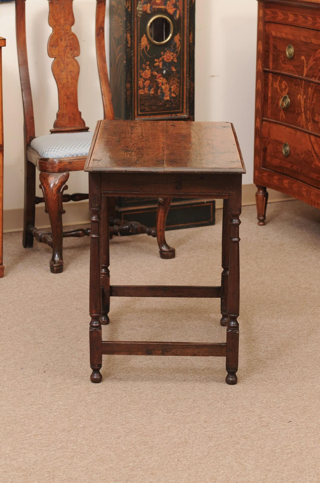 English Oak 18th Century Side Table Featuring 1 Drawer with inlay, Turned Legs and Box Stretcher - Image 11