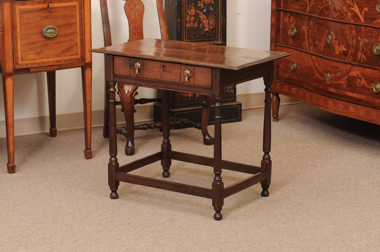 English Oak 18th Century Side Table Featuring 1 Drawer with inlay, Turned Legs and Box Stretcher - Image 12