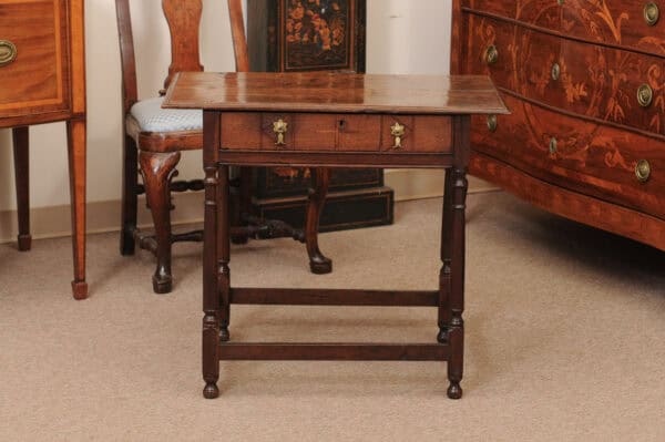 English Oak 18th Century Side Table Featuring 1 Drawer with inlay, Turned Legs and Box Stretcher - Image 13