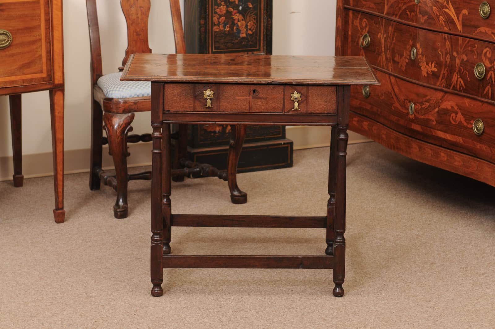 English Oak 18th Century Side Table Featuring 1 Drawer with inlay, Turned Legs and Box Stretcher - Image 13