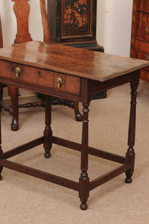 English Oak 18th Century Side Table Featuring 1 Drawer with inlay, Turned Legs and Box Stretcher - Image 14