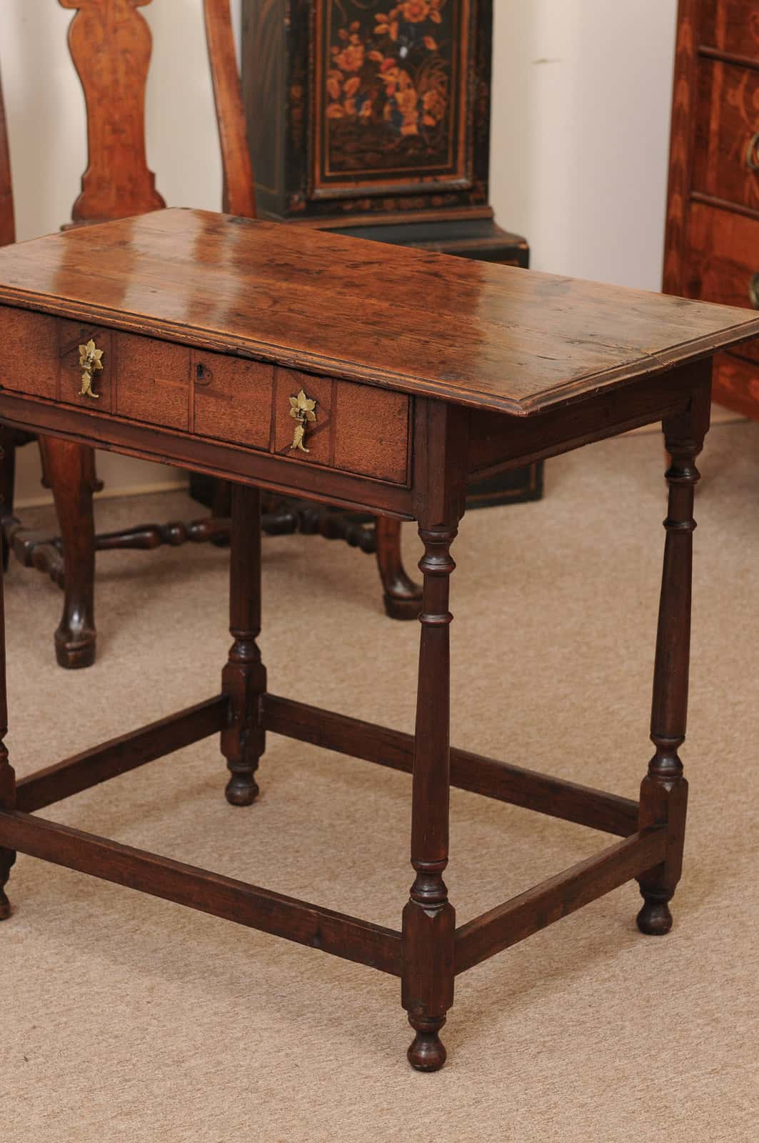 English Oak 18th Century Side Table Featuring 1 Drawer with inlay, Turned Legs and Box Stretcher - Image 14