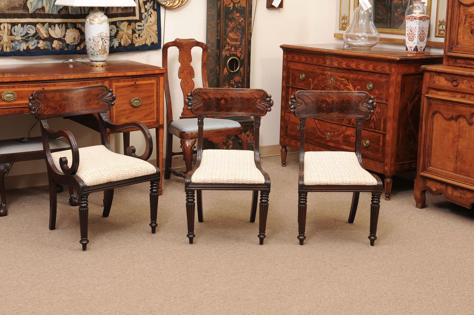 Matched Set of 9 William IV Carved Mahogany Dining Chairs with 1 Arm and 8 Sides - Image 3