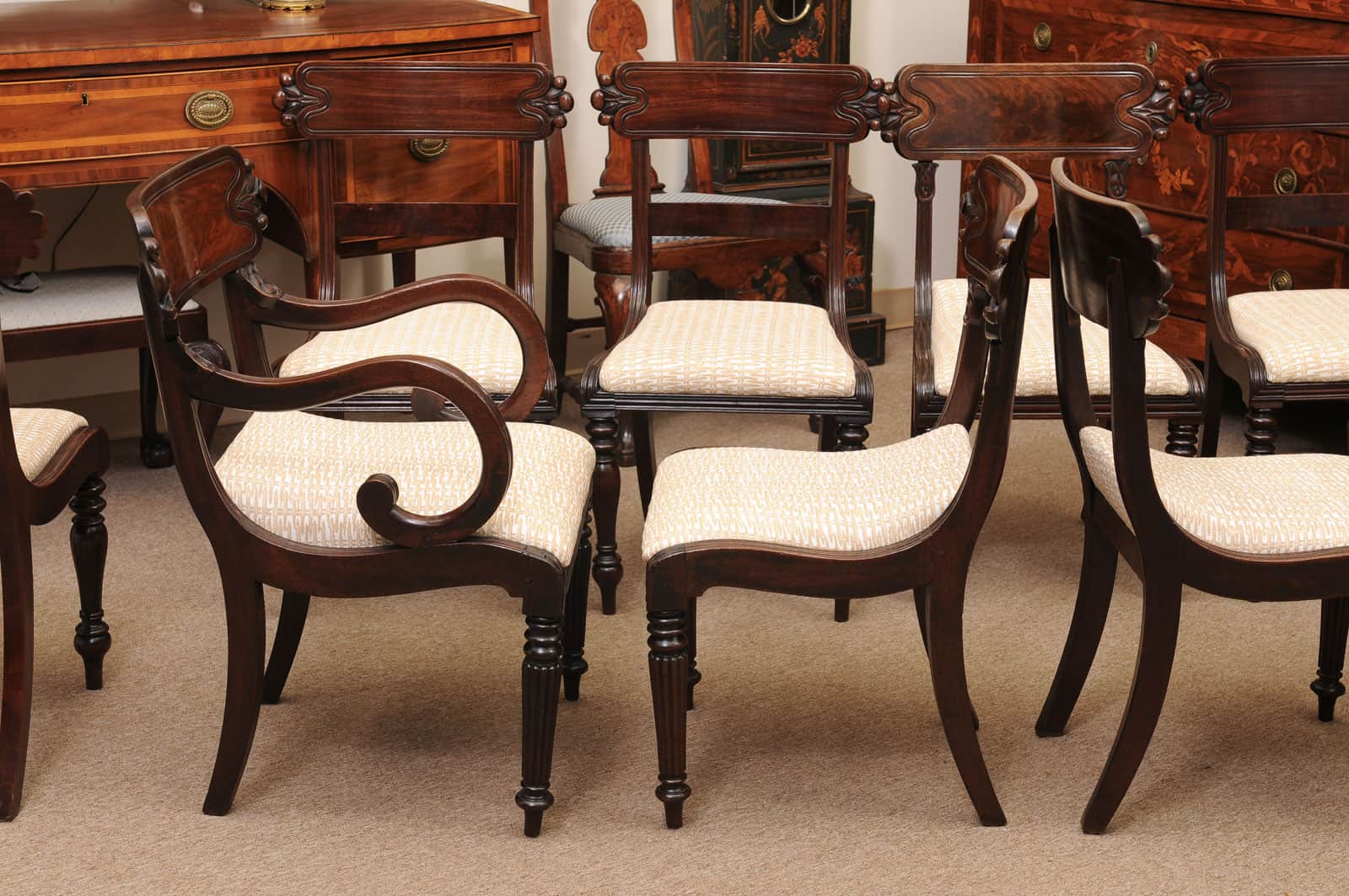 Matched Set of 9 William IV Carved Mahogany Dining Chairs with 1 Arm and 8 Sides - Image 5