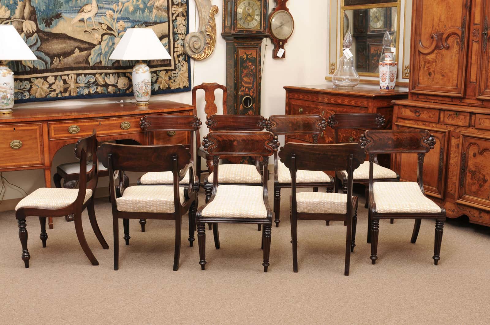 Matched Set of 9 William IV Carved Mahogany Dining Chairs with 1 Arm and 8 Sides - Image 7