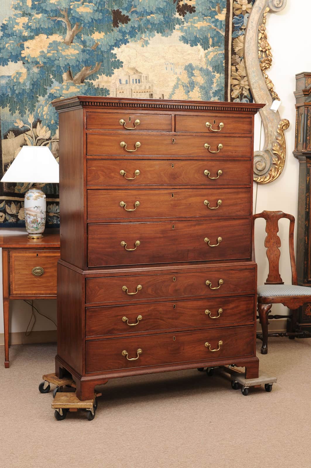 Late 18th Century George III Mahogany Chest on Chest with Secretary Drawer, Dental Moulded Detail and Bracket Feet - Image 3