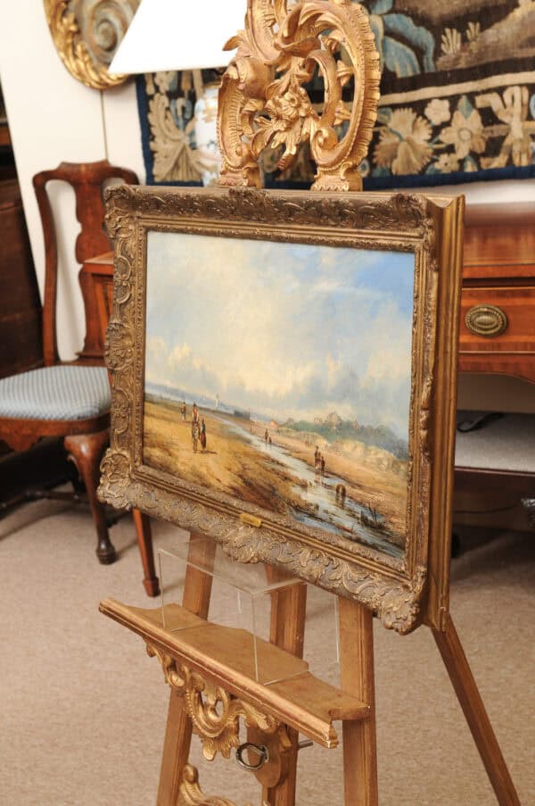 Oil on Canvas Painting of Coastal Beach Scene with Figures Searching for Clams & Sea Shells with Plaque "J. Callow ( British - 1822-1878) - Image 13