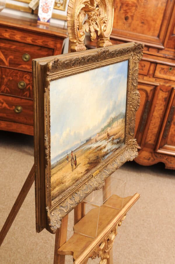 Oil on Canvas Painting of Coastal Beach Scene with Figures Searching for Clams & Sea Shells with Plaque "J. Callow ( British - 1822-1878) - Image 14