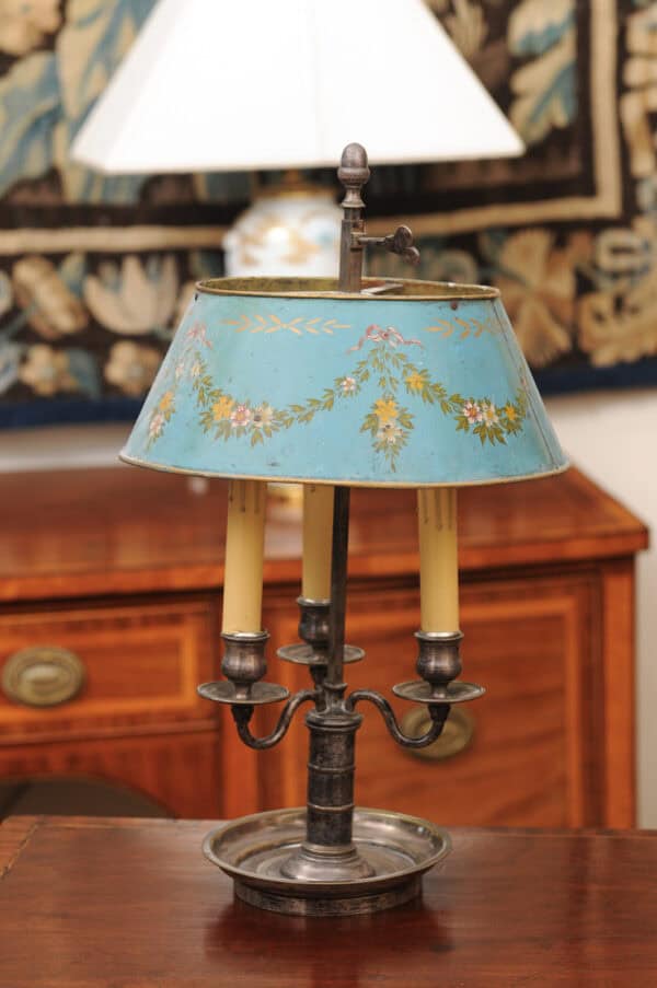 French Silvered Bouillotte Lamp with Blue Tole Shade with Flower Garland Detail - Image 3