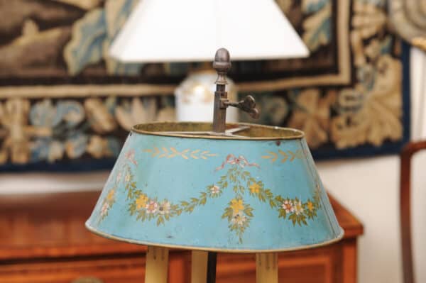 French Silvered Bouillotte Lamp with Blue Tole Shade with Flower Garland Detail - Image 4