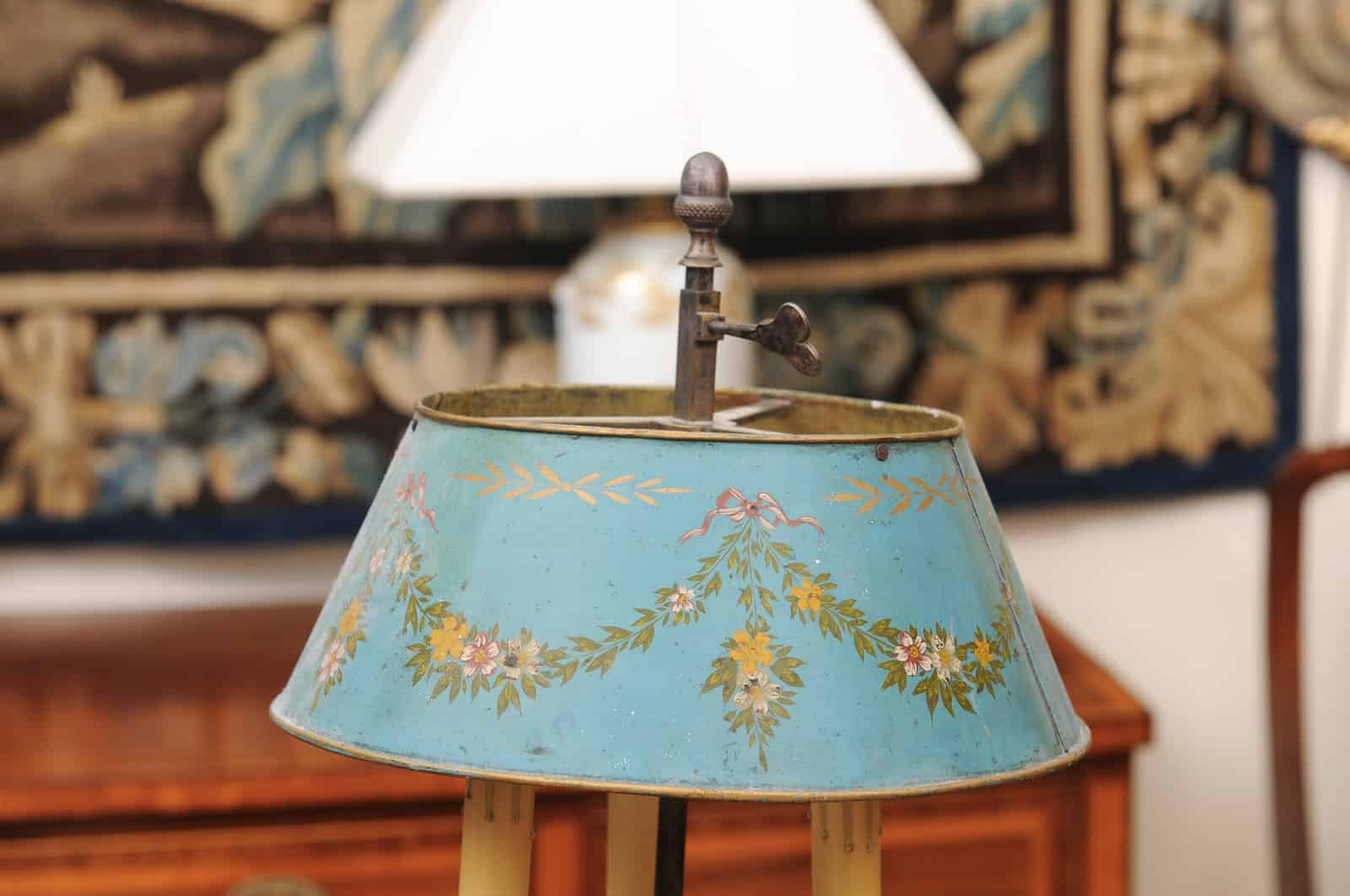 French Silvered Bouillotte Lamp with Blue Tole Shade with Flower Garland Detail - Image 4