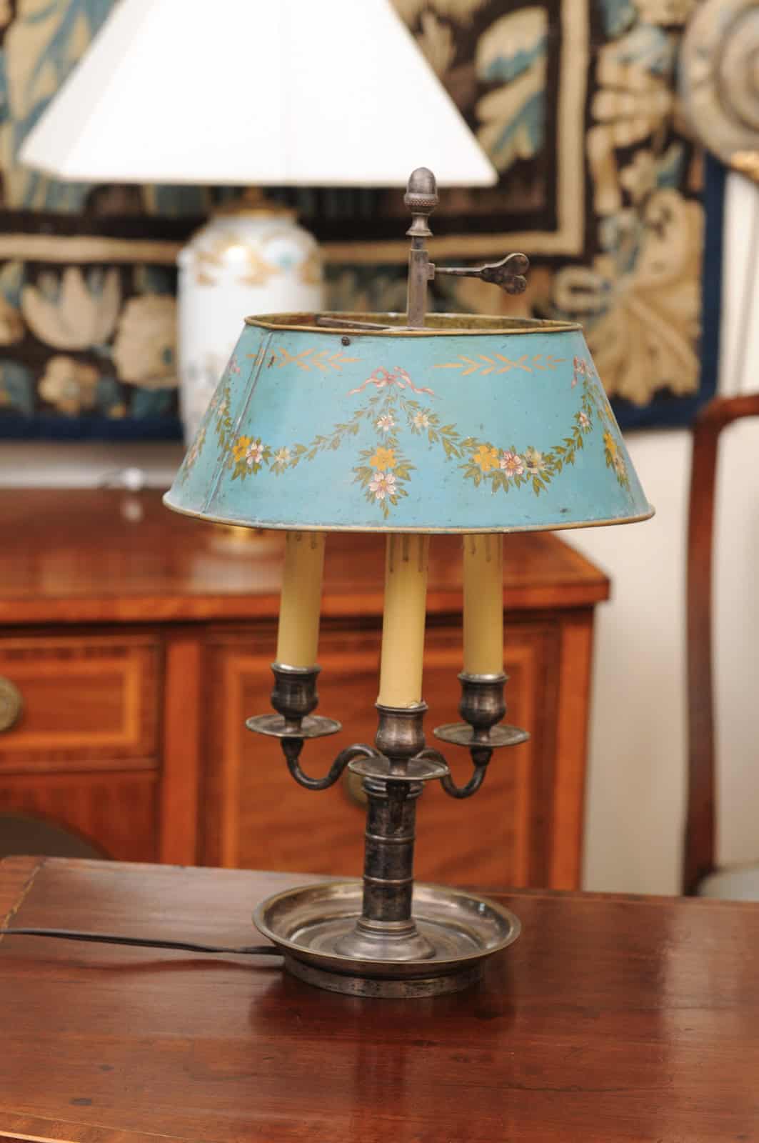 French Silvered Bouillotte Lamp with Blue Tole Shade with Flower Garland Detail - Image 6