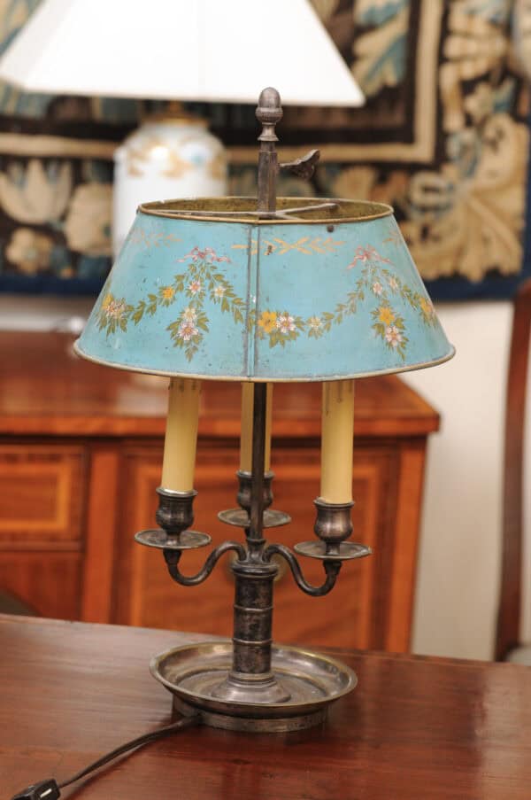 French Silvered Bouillotte Lamp with Blue Tole Shade with Flower Garland Detail - Image 7