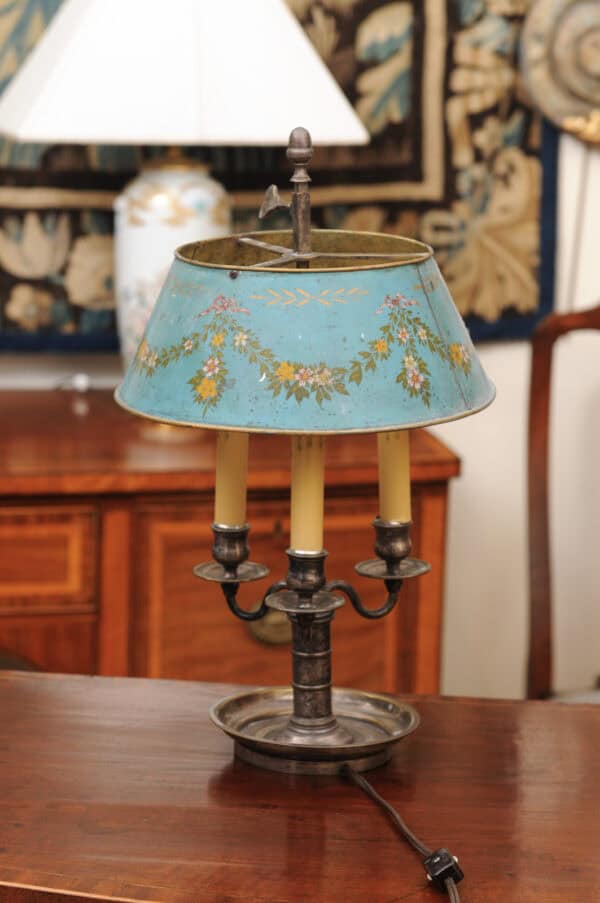 French Silvered Bouillotte Lamp with Blue Tole Shade with Flower Garland Detail - Image 8