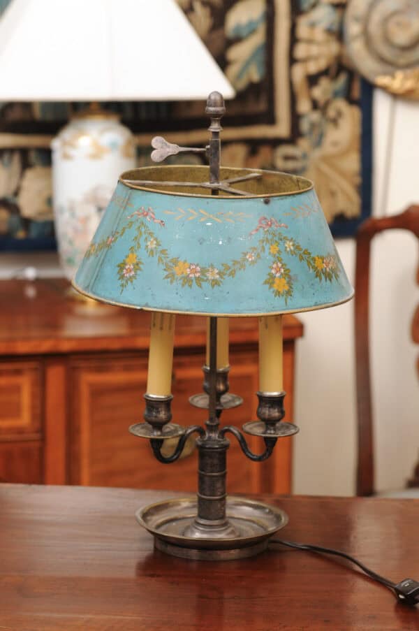 French Silvered Bouillotte Lamp with Blue Tole Shade with Flower Garland Detail - Image 9