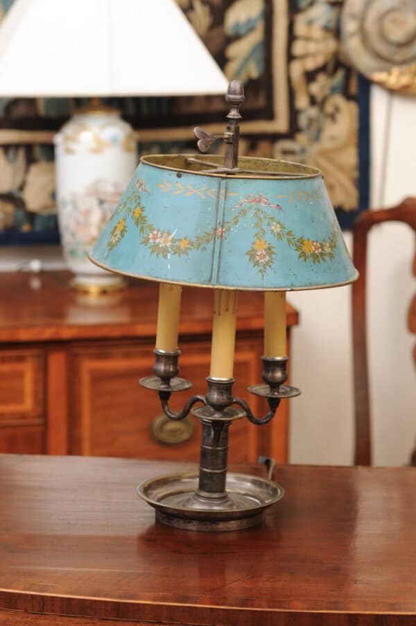 French Silvered Bouillotte Lamp with Blue Tole Shade with Flower Garland Detail - Image 10