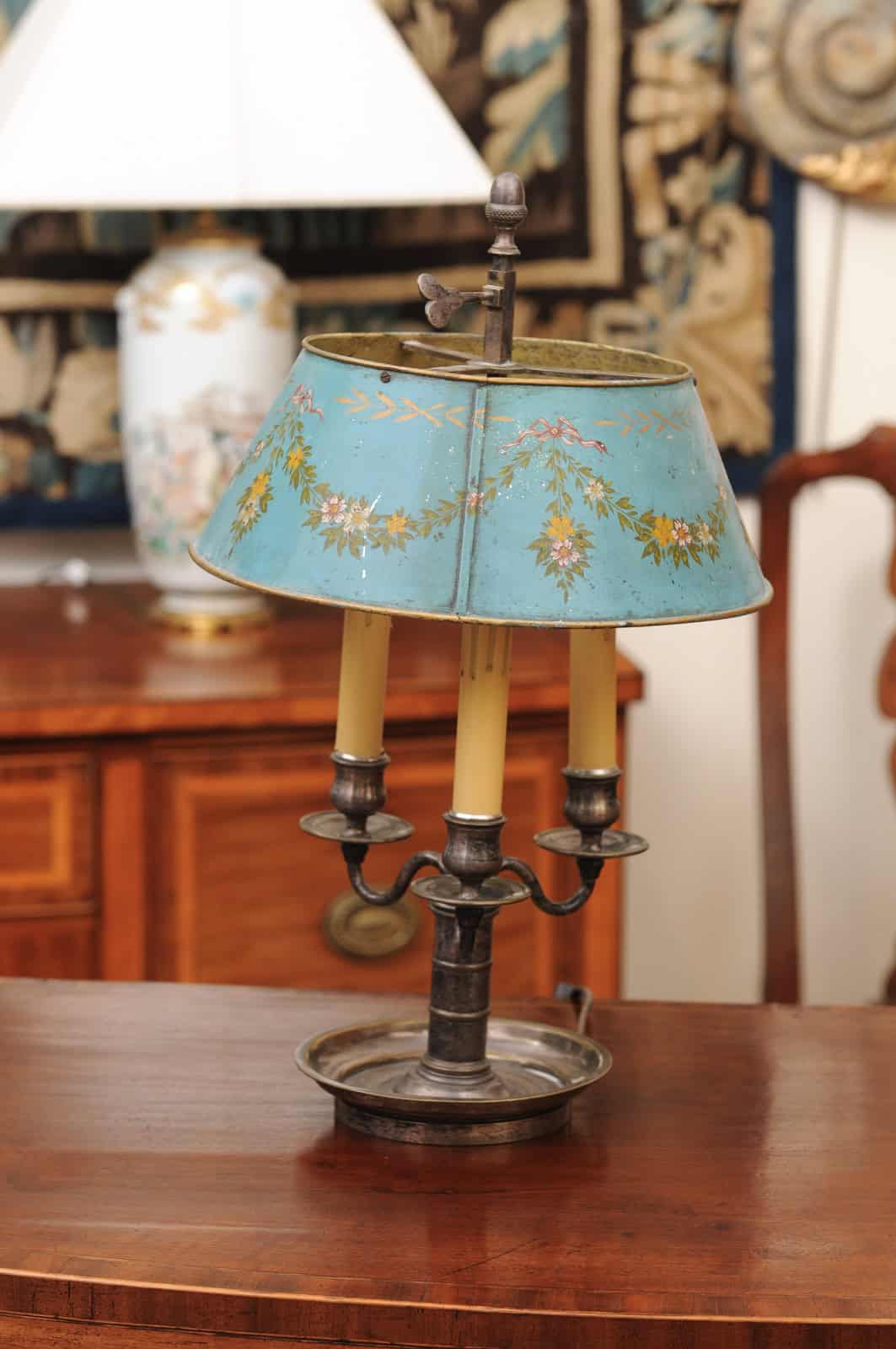 French Silvered Bouillotte Lamp with Blue Tole Shade with Flower Garland Detail - Image 10