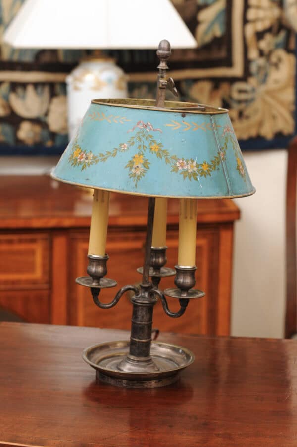French Silvered Bouillotte Lamp with Blue Tole Shade with Flower Garland Detail - Image 11