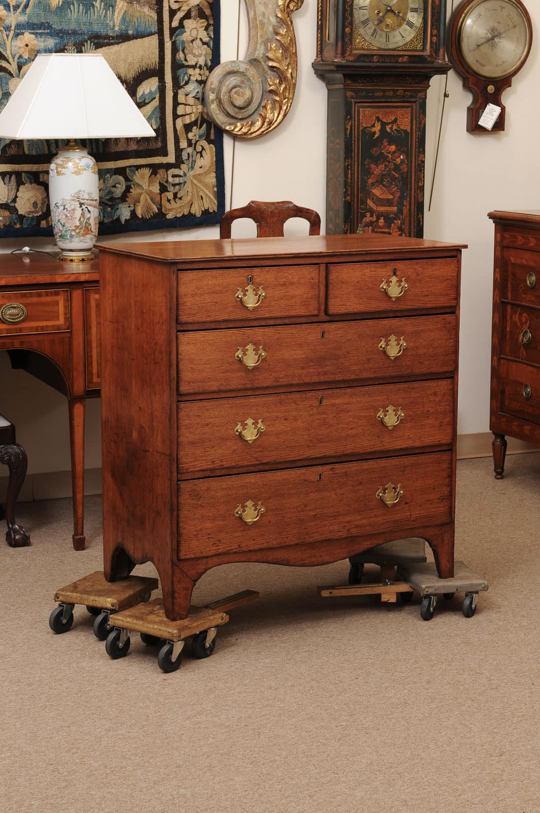 19th Century English Oak Chest with Straight Front, 5 Drawers and Splayed Legs - Image 3