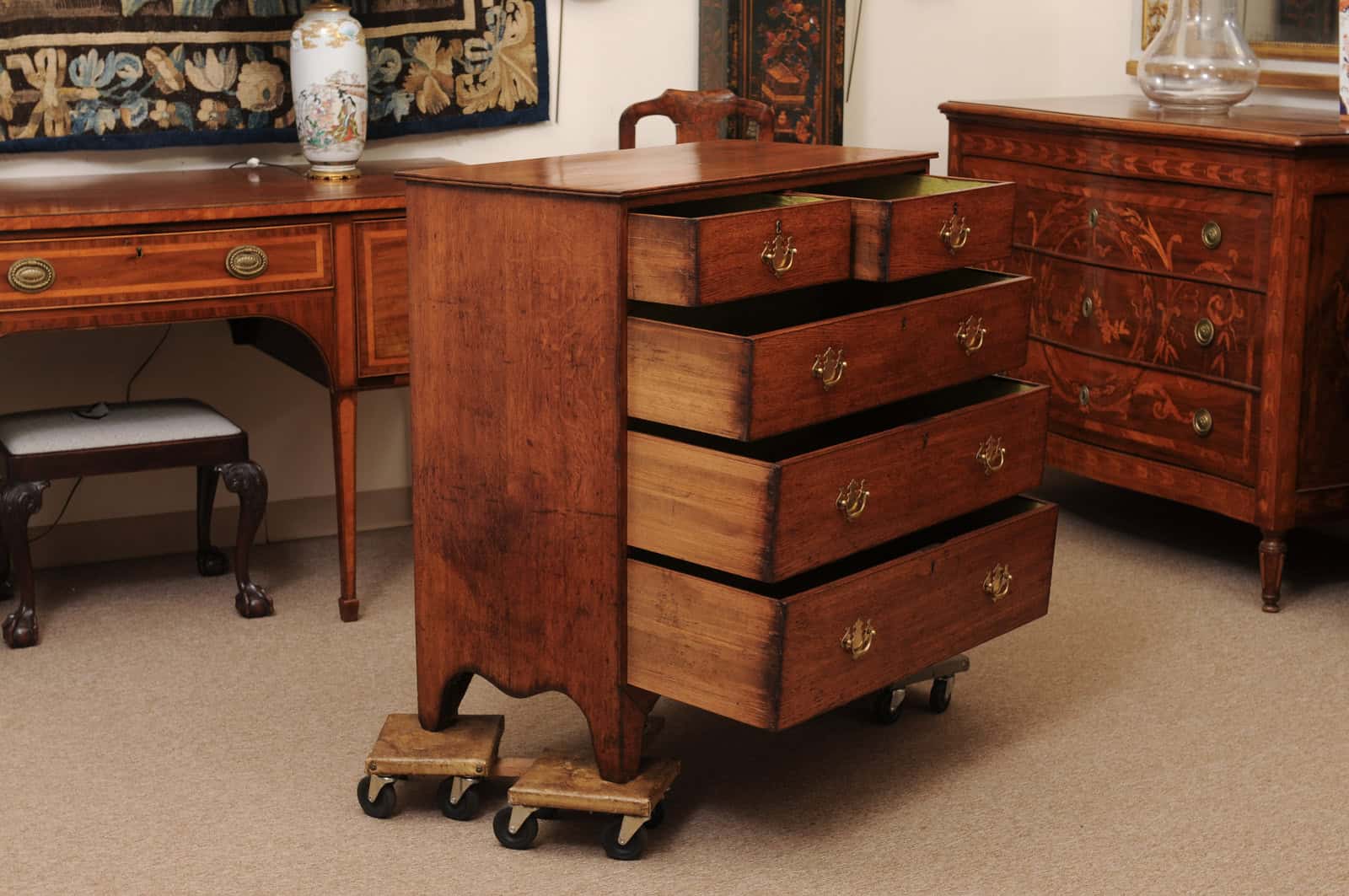 19th Century English Oak Chest with Straight Front, 5 Drawers and Splayed Legs - Image 4