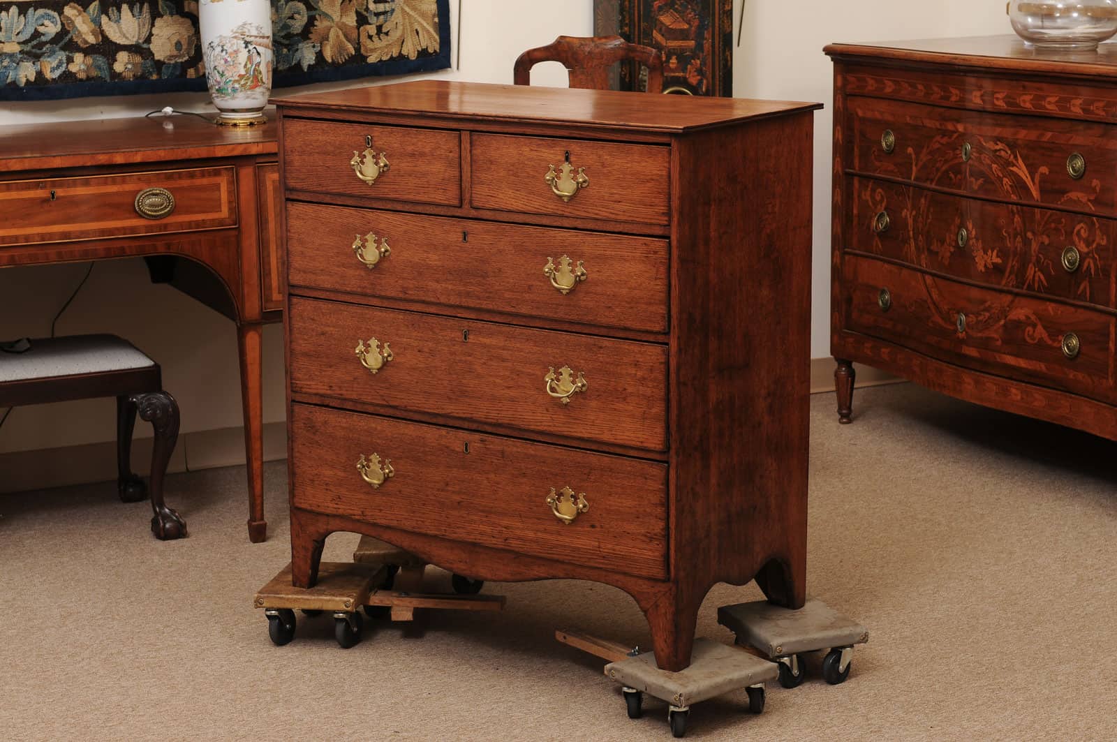 19th Century English Oak Chest with Straight Front, 5 Drawers and Splayed Legs - Image 12