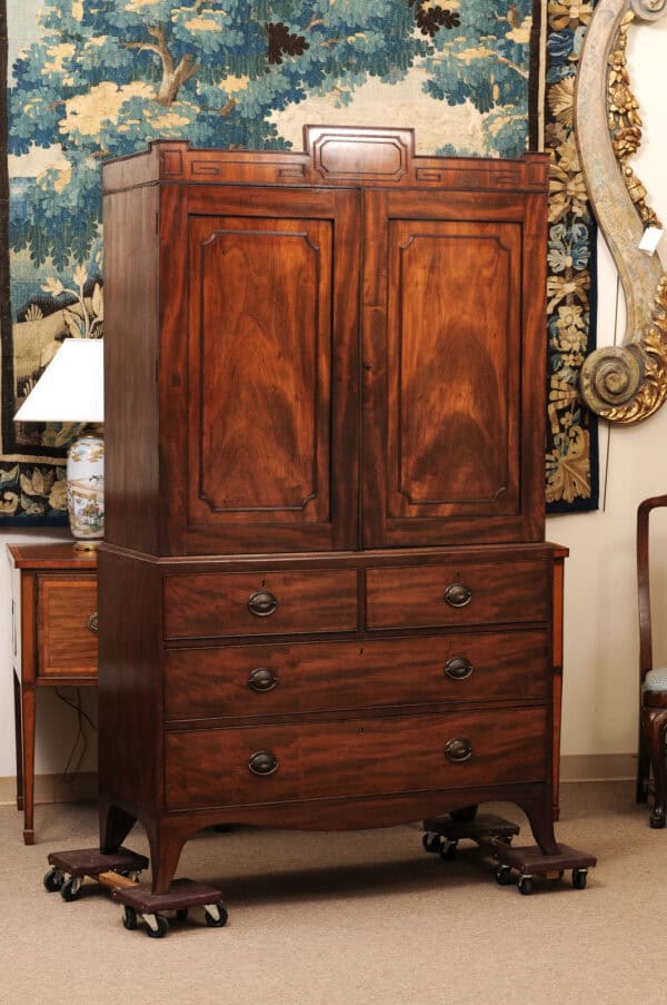 19th Century English Mahogany Linen Press with Cornice Featuring Greek Key Detail and Splayed Legs - Image 3