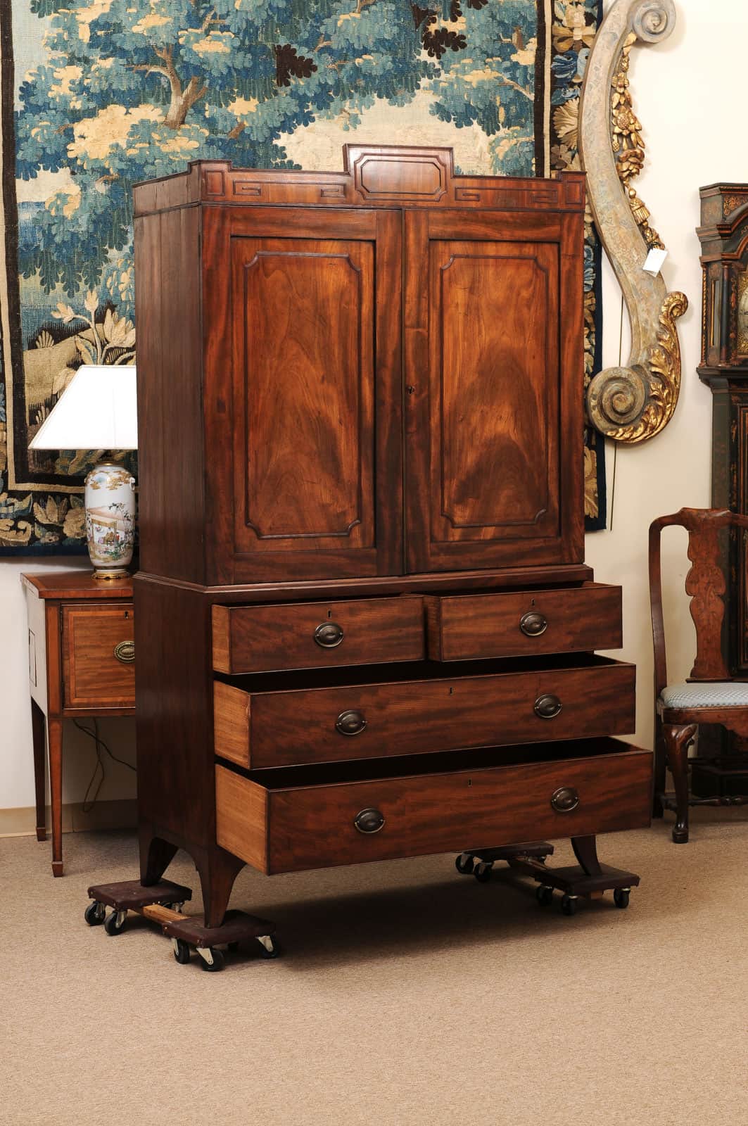 19th Century English Mahogany Linen Press with Cornice Featuring Greek Key Detail and Splayed Legs - Image 4