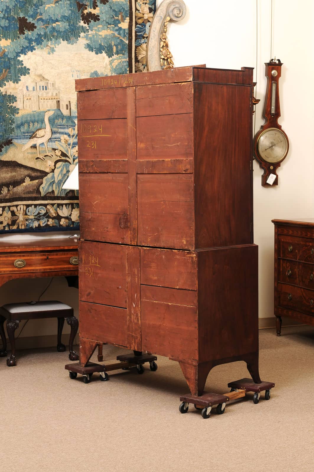 19th Century English Mahogany Linen Press with Cornice Featuring Greek Key Detail and Splayed Legs - Image 9