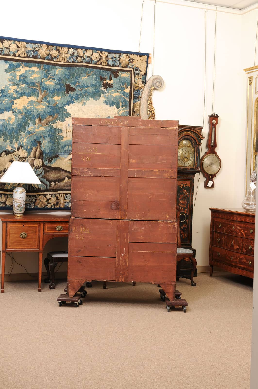19th Century English Mahogany Linen Press with Cornice Featuring Greek Key Detail and Splayed Legs - Image 10