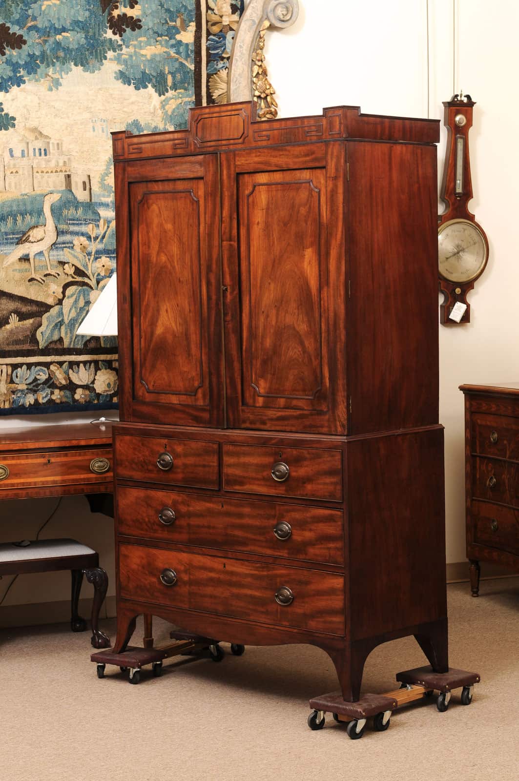 19th Century English Mahogany Linen Press with Cornice Featuring Greek Key Detail and Splayed Legs - Image 13