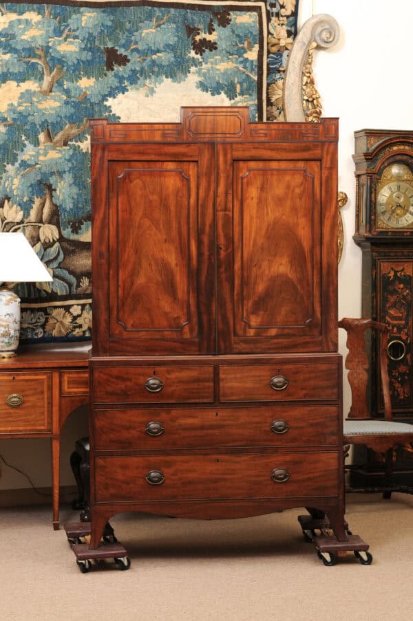 19th Century English Mahogany Linen Press with Cornice Featuring Greek Key Detail and Splayed Legs - Image 14