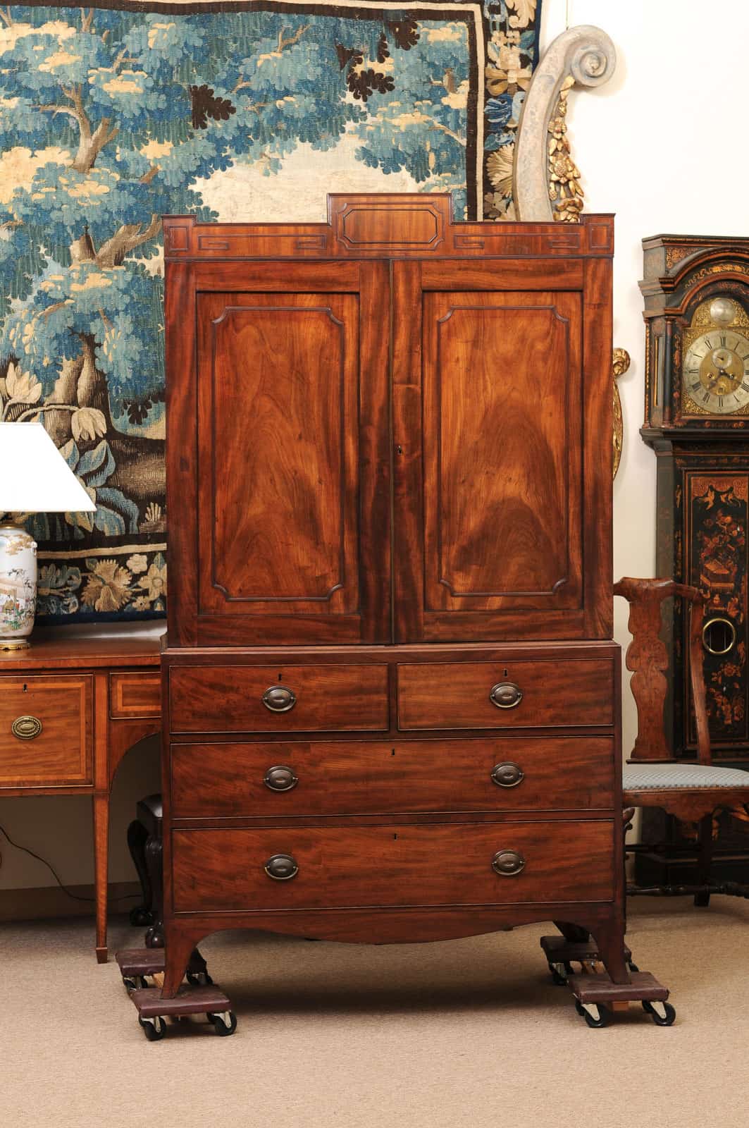 19th Century English Mahogany Linen Press with Cornice Featuring Greek Key Detail and Splayed Legs - Image 14