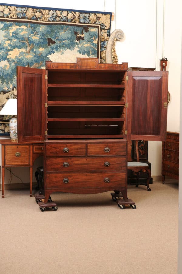 19th Century English Mahogany Linen Press with Cornice Featuring Greek Key Detail and Splayed Legs - Image 15