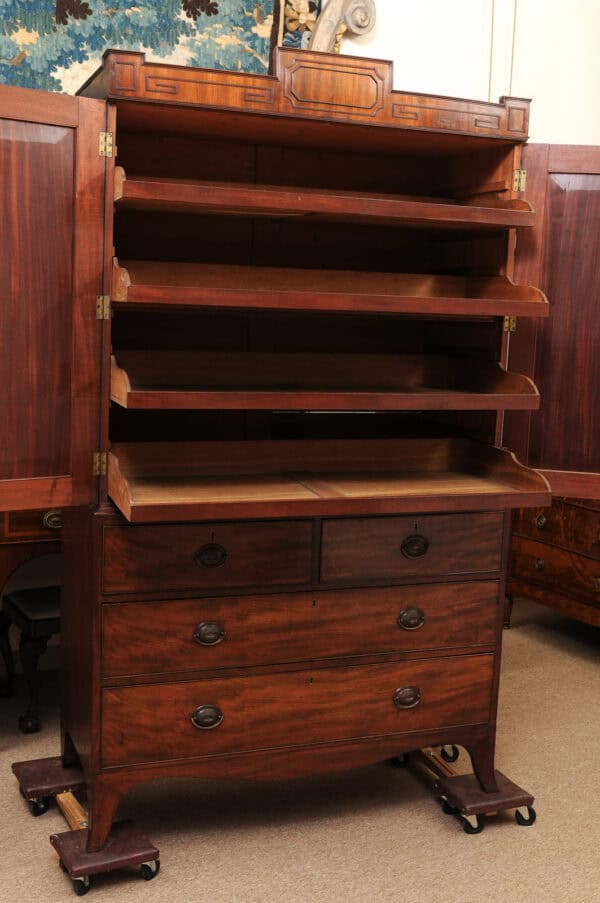 19th Century English Mahogany Linen Press with Cornice Featuring Greek Key Detail and Splayed Legs - Image 16