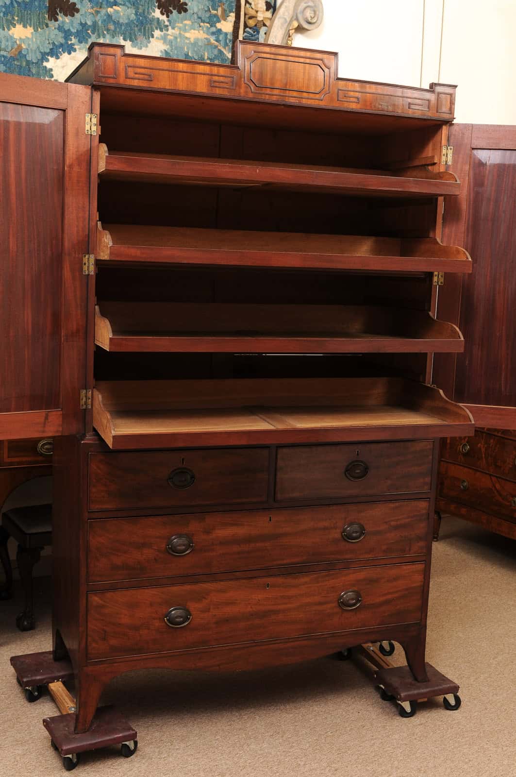 19th Century English Mahogany Linen Press with Cornice Featuring Greek Key Detail and Splayed Legs - Image 16