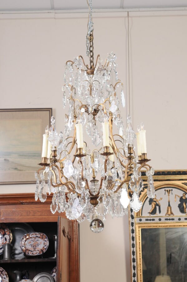 French XV Style Gilt Bronze 12 Light Chandelier with Crystal Prisms & Spires - Image 3