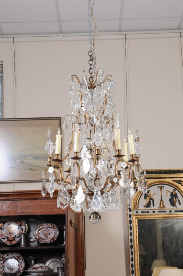 French XV Style Gilt Bronze 12 Light Chandelier with Crystal Prisms & Spires - Image 4