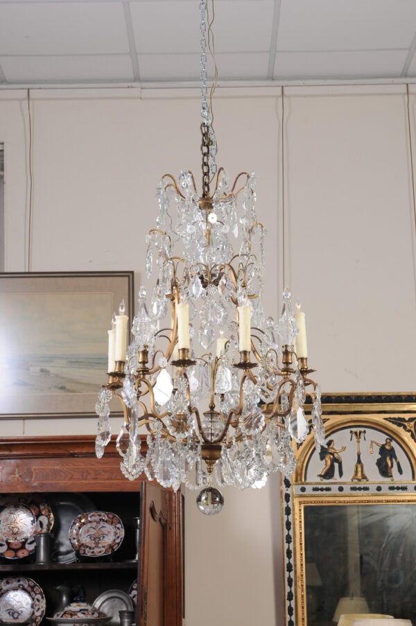 French XV Style Gilt Bronze 12 Light Chandelier with Crystal Prisms & Spires - Image 5